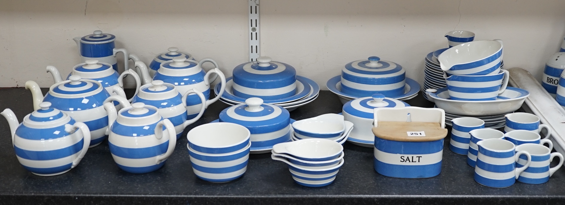 T.G.Green Cornish Kitchenware, a collection of assorted tableware to include eight teapots, four muffin dishes, lidded salt jar and cream jugs, approximately fifty pieces, mainly Green Shield marks. Condition - fair to g